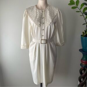 80s Vintage Missy First Montreal Lace Collar Modi Dress Button Down Cream Medium